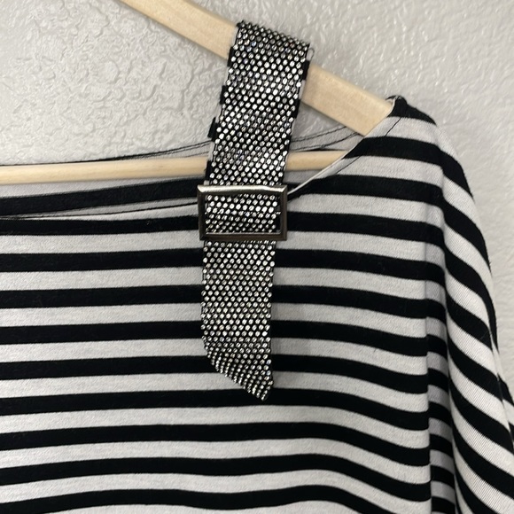 Striped Tee with Sparkle Shoulder Detail | Black & White | Large - Picture 3 of 7